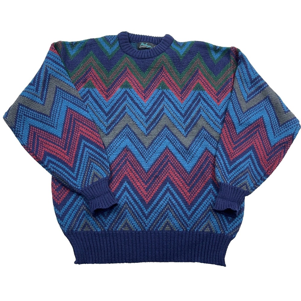 Vintage Grandpa Sweater Mens XL Blue Geometric Crewneck 80s 90s‎ Funky Cosby